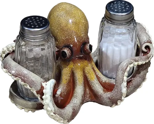 Comfy Hour Dúo decorativo de salero y pimentero de pulpo, hecho a mano artesanal, soporte para mesa de cocina, incluye 2 botellas de vidrio, resina