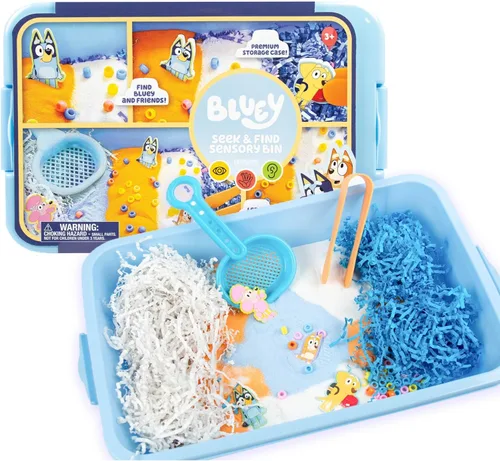 Horizon Group USA Caja sensorial oficial Bluey Seek & Find, juguetes sensoriales listos para usar para niños pequeños de 3 a 4 años con tapa, arena