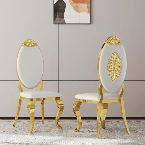 Miniatura 33 de Juego de 2 sillas con 2 sillas de comedor de piel sintética blanca, silla de cocina moderna con respaldo ovalado y patas de acero inoxidable