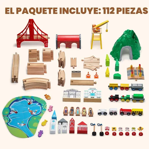 Miniatura 6 de SainSmart Jr. Juego de tren de madera de 112 piezas para niños pequeños – Pistas de tren de doble cara, compatibles con Brio, Thomas, Melissa & Doug