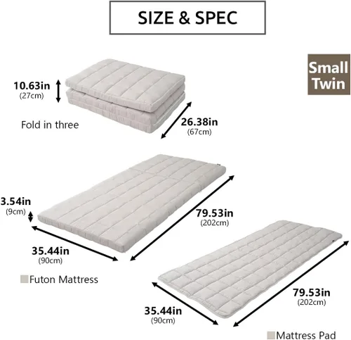 Miniatura 2 de EMOOR Colchón de futón japonés de triple pliegue Machi con protector de colchón S-Twin gris, fuelle plegable, almacenable, lavable, para dormir