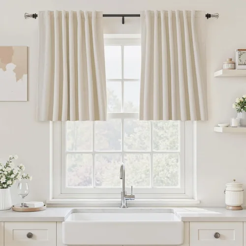 Miniatura 109 de UHITECH Cortinas cortas de lino de 24 pulgadas de largo para ventanas pequeñas de granja, cortinas opacas modernas para sala de estar, pestañas