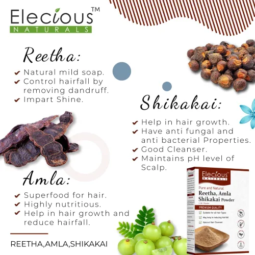 Miniatura 6 de Elecious Naturals Amla, Reetha, Shikakai Polvo para el cabello 3 en 1 Limpiador natural del cabello 100% natural, sin químicos, sin conservantes