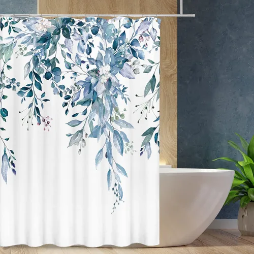 Miniatura 15 de Tititex Spun Sugar - Juego de cortinas de ducha de eucalipto azul claro, hojas de acuarela brillantes en la parte superior, decoración floral