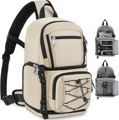 Miniatura 8 de RAINSMORE Bolsa para cámara DSLR y sin espejo para fotógrafos, impermeable, pequeña funda cruzada con inserto acolchado extraíble y soporte