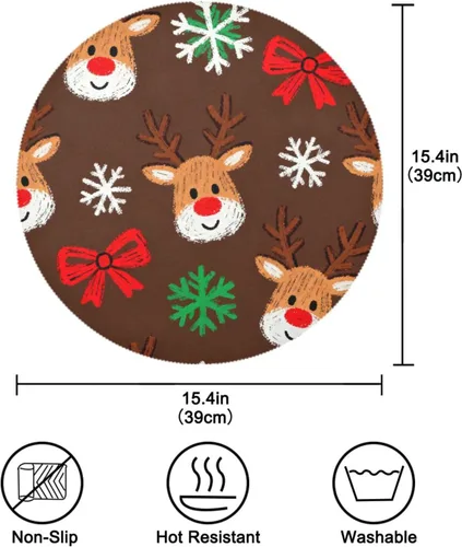 Miniatura 4 de Manteles individuales de Navidad con lazo y ciervos marrones para mesa de comedor, tejido redondo, reutilizables, para bebé, juego de 4 manteles