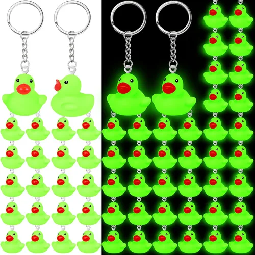 Deekin 24 llaveros de pato luminoso, que brilla en la oscuridad, llavero verde de pato de goma para crucero, regalos de fiesta, suministros de