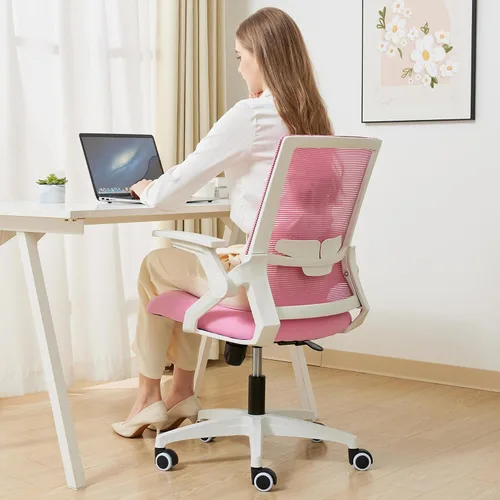 Miniatura 7 de Silla ergonómica de oficina con altura ajustable de malla, silla giratoria con brazos abatibles y soporte lumbar, color rosa