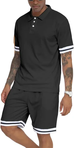 PICKLION Conjunto corto de 2 piezas para hombre, conjunto de verano de color sólido, camisa polo con cremallera y pantalones cortos para hombre