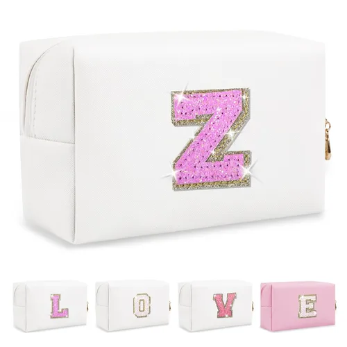 Miniatura 403 de Pequeña bolsa de maquillaje personalizada con inicial A-Z Preppy Patch, bolsa de cosméticos de viaje de felpilla blanca con cremallera, bonita bolsa