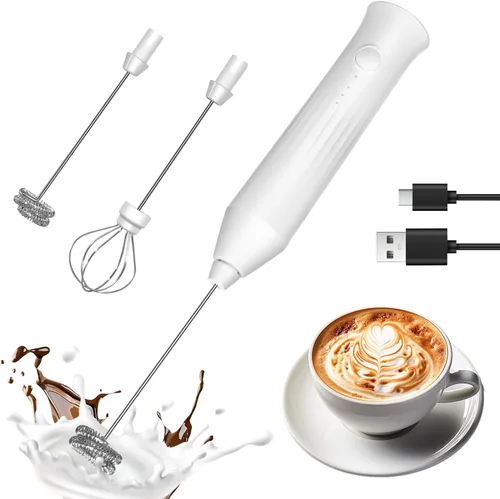 Espumador de leche recargable de mano, varita espumadora eléctrica con 2 batidores de acero inoxidable y 3 velocidades, mezclador de bebidas de mano
