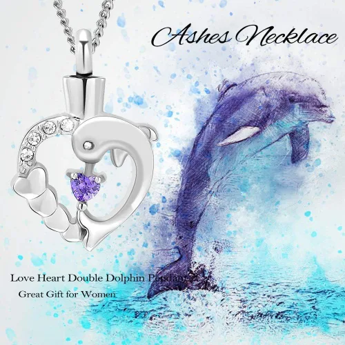 Miniatura 17 de Yinplsmemory Collar de urna de corazón de delfín para cenizas para mujer, colgante de urna de corazón de cristal, collar de recuerdo de cenizas