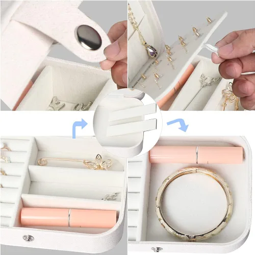 Miniatura 5 de Joyero para Viaje, Cajas Organizadoras de Joyería Pequeñas para Mujeres y Niñas, Estuche de Joyería de Viaje de 2 Capas, Estuche de Almacenamiento