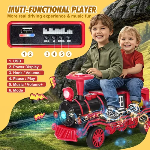 Miniatura 4 de Joyldias - Tren para montar de 2 plazas, juguete de montar de 12 V para niños con música, claxon de tren, luces, velocidad alta/baja