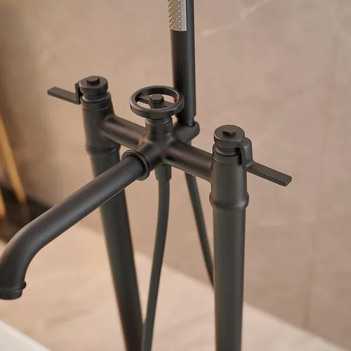 Miniatura 7 de BWE Grifos de bañera independientes de montaje en el suelo, latón macizo negro, mango único, moderno, llenado de bañera de baño, alto caudal