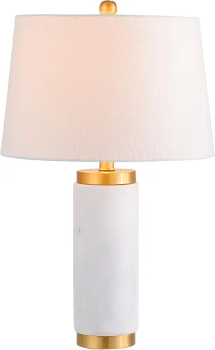 JONATHAN Y Lámpara de mesa LED de mármol blanco/latón dorado de 23 pulgadas, lámpara de columna moderna contemporánea con pantalla de tambor de lino