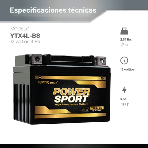 Miniatura 2 de ExpertPower YTX4L-BS - Batería AGM para motocicleta de 12V 4Ah para patinete de 50cc SA50 Elite LX, SB50, TTR125, batería ATV de 120 CCA para Mini