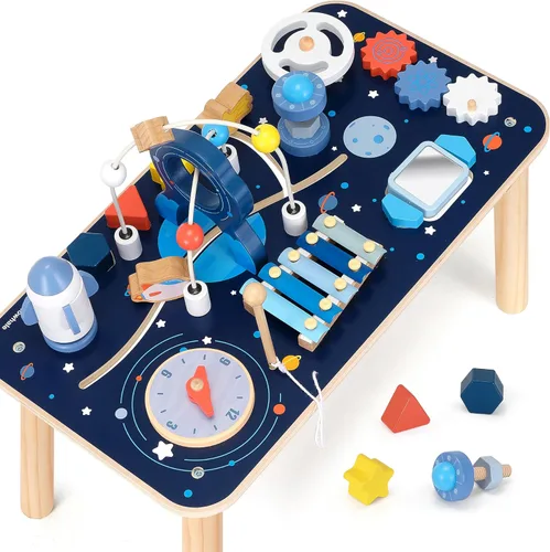 Pillowhale Mesa de Actividades de Madera 10 en 1 para 1 Año de Edad | Centro de Actividades de Pie Montessori para Bebés y Cubo de Juego Sensorial