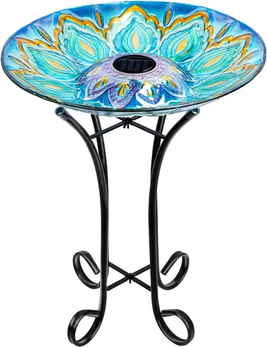 Miniatura 8 de Baño de pájaros de vidrio al aire libre con soporte de metal para decoración de césped, jardín y patio, solar, grande, baño de pájaros pavo real