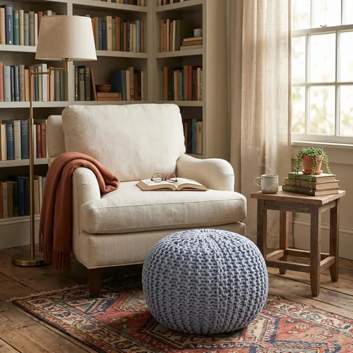 Miniatura 9 de BIRDROCK HOME Puf Otomano Redondo Taburete de Pie de Algodón Trenzado con Relleno de Frijoles Reposapiés Bohemio para Sala de Estar y Dormitorio