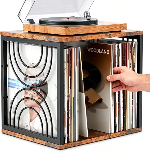 Miniatura 8 de Soporte para discos de vinilo de 80 a 100 libras, soporte de vinilo apilable, soporte para tocadiscos de 2 niveles, soporte giratorio de madera