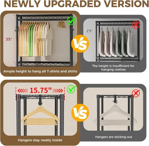 Miniatura 5 de Estante para ropa resistente con ruedas enrollables, estante para prendas con 3 niveles ajustables de estanterías de alambre para colgar ropa