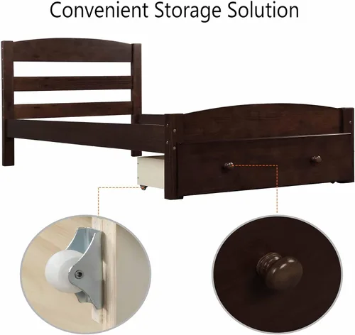 Miniatura 3 de Base de cama individual con cajones de almacenamiento, plataforma de madera con cabecero para niños, adolescentes y adultos, base de colchón