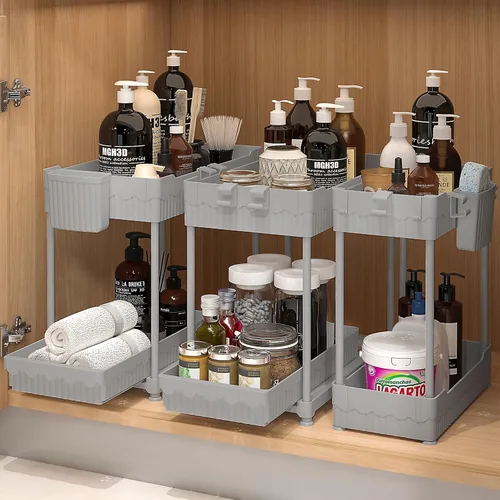 Miniatura 10 de Sevenblue Paquete de 3 organizadores para debajo del fregadero, organizadores multiusos de cocina y baño de 2 niveles y almacenamiento con cajones