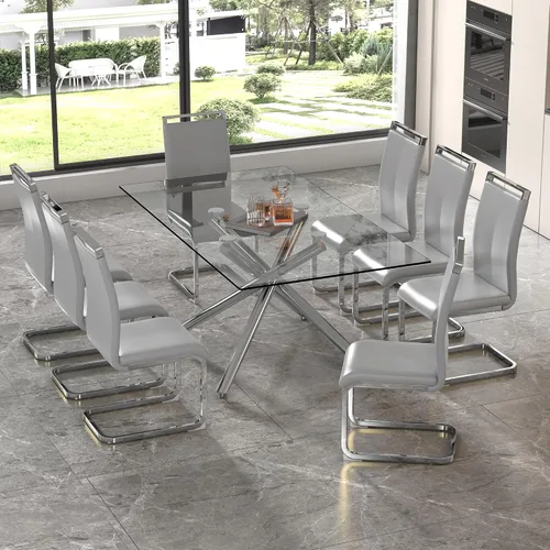 Miniatura 8 de Juego de 8 mesas de comedor de cristal, moderno juego de mesa de comedor de 71 pulgadas con 8 sillas de comedor tapizadas de piel sintética