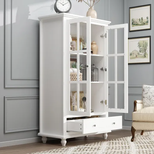 Miniatura 3 de Estantería alta blanca con puertas de cristal, vitrina de madera con estante y cajón ajustables de 3 niveles, armario de despensa para oficina