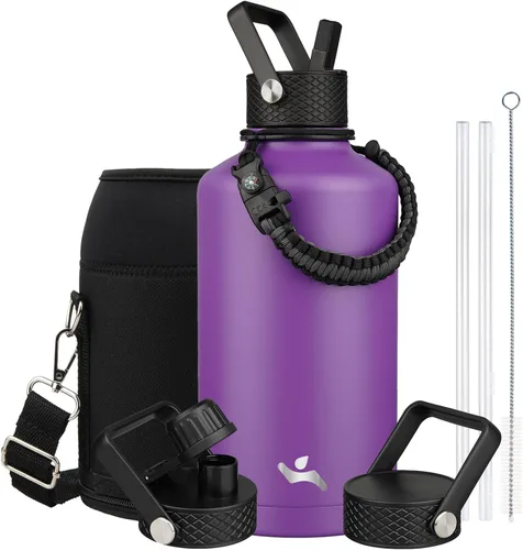 Miniatura 63 de Konokyo - Botella de agua aislada de 18 onzas, botellas deportivas de acero inoxidable con 3 tapas, verde militar