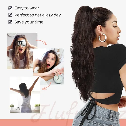 Miniatura 5 de FLUFYMOOZ Extensión de Cola de Caballo, Extensiones de Cabello de Cola de Caballo con Cordón de 26 Pulgadas para Mujeres, Postizo de Cabello