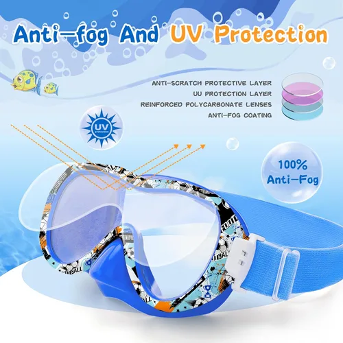 Miniatura 4 de Gafas de natación para niños con cubierta para la nariz, máscara de esnórquel panorámica de 180° con diseño antivaho y antifugas, correa de tela
