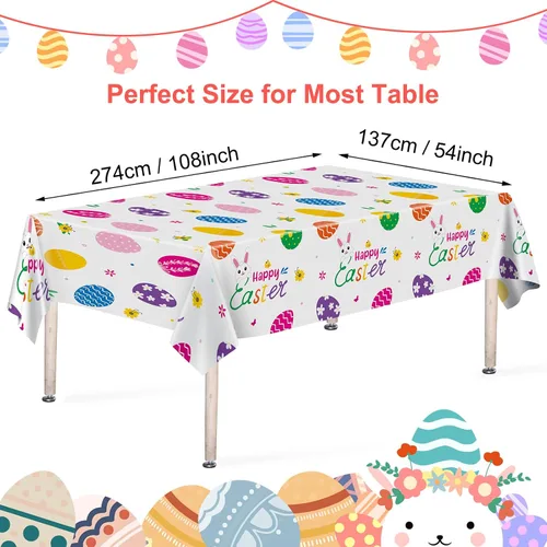 Miniatura 3 de Mantel de Pascua de 3 piezas, funda de mesa de conejo de Pascua, mantel rectangular de plástico desechable con huevos coloridos para primavera, día