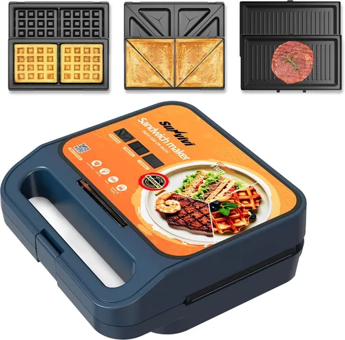 Miniatura 15 de Sunvivi Sandwich Maker Panini Press: waflera con placas extraíbles, prensa para sándwiches 3 en 1 con placas antiadherentes, luces indicadoras