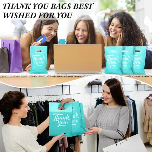 Miniatura 6 de Jeyiour 300 bolsas de mercancía de agradecimiento de 3 tamaños, bolsas de compras para negocios con asas, regalo de agradecimiento, bolsas de Azul
