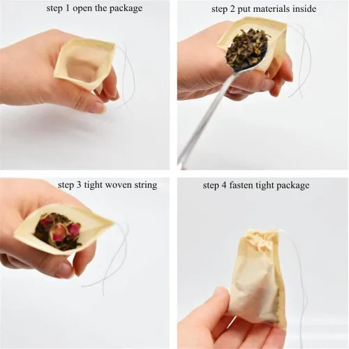 Miniatura 4 de 100 bolsas de té desechables marrones para té de hojas sueltas, bolsas de filtro de té sin blanquear con cordón y compostables, coladores y filtros
