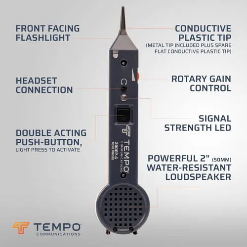 Miniatura 2 de TEMPO 200EP-G trazador de cables profesional con sonda, conector para auriculares, linterna, LED, punta conductora, toner de cables y rastreador