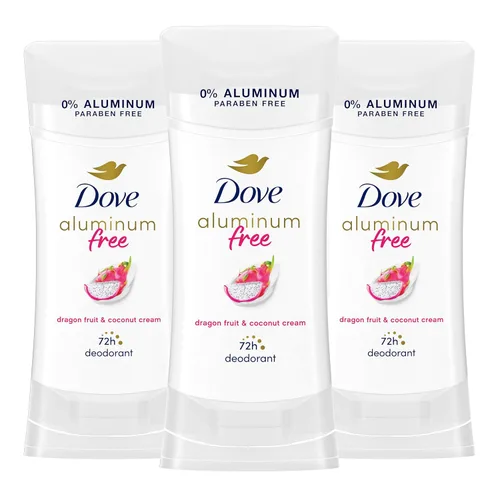 Desodorante Dove sin aluminio para mujeres, 3 paquetes, sabor a fruta del dragón y crema de coco, protección contra olores de 72 horas, 2.6 oz