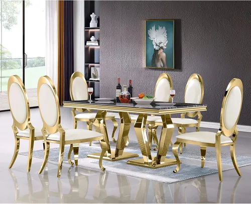 Miniatura 5 de ACEDÉCOR Sillas de comedor blancas y doradas, modernas sillas de piel sintética blanca, magnífica silla ovalada con respaldo de acero inoxidable