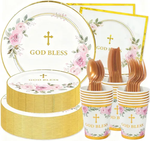 Platos de fiesta religiosa para 24 invitados – bautismo, primera comunión, confirmación (rosa2)