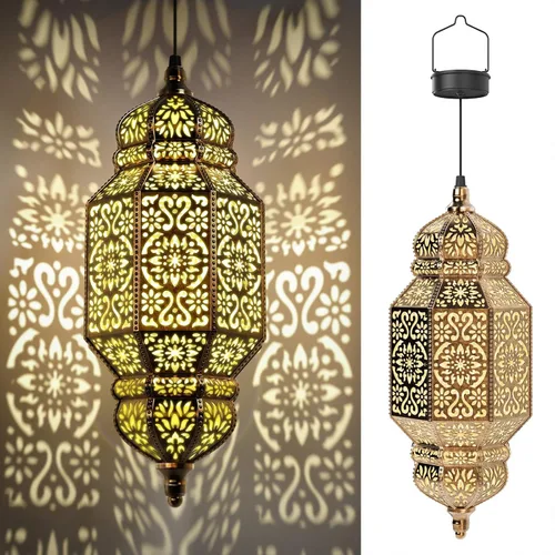 Miniatura 8 de Twinkya Paquete de 2 luces solares colgantes para jardín, farol solar decorativo para exteriores, impermeables, de metal, marroquí, decoraciones al