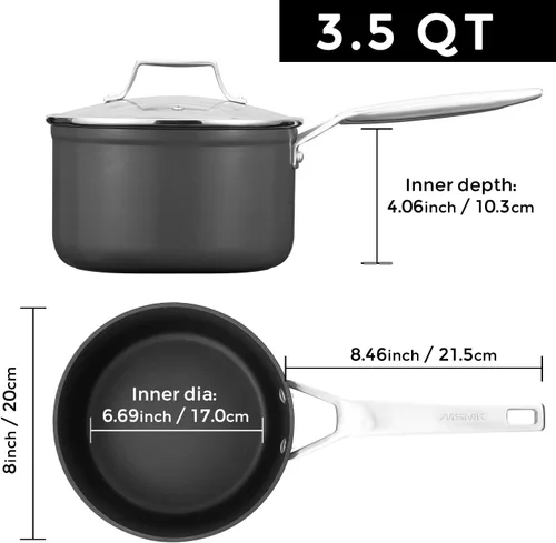 Miniatura 7 de MSMK Cacerola antiadherente de 3.5 cuartos de galón con tapa, mango que se mantiene frío, quemado también antiadherente, sin PFOA, no tóxico