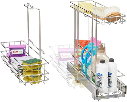 Miniatura 10 de Organizador de gabinete extraíble de 2 niveles para debajo del fregadero, cesta de estante de alambre deslizante para gabinetes de base de cocina, 9