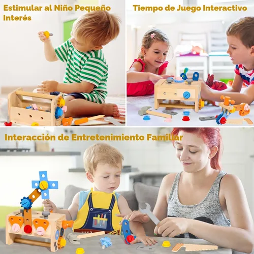 Miniatura 7 de TONZE Juego de herramientas para niños con delantal, caja de banco de herramientas de madera para niños pequeños, juguetes Montessori para niños