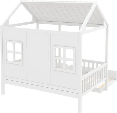 Miniatura 8 de Harper & Bright Designs Cama matrimonial con nido de tamaño individual, cama de madera de tamaño matrimonial con techo, ventanas y valla, marco