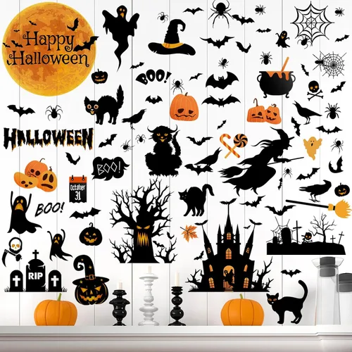 Haull 6 hojas de calcomanías de pared de Halloween, calcomanías de pared reutilizables para ventana de Halloween, acuarela, bruja, murciélagos,