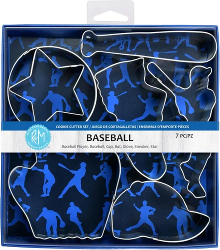 R&M International Cortadores de galletas de béisbol, murciélago, sombrero, pelota, jugador, guante, estrella, tenis, juego de 7 piezas, color