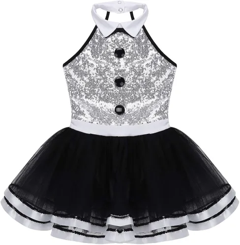 Miniatura 3 de Daenrui Vestido de baile con lentejuelas brillantes para niñas y niñas, con leotardo de ballet, falda tutú, jazz latino, moderno disfraz de baile