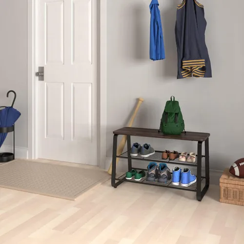 Miniatura 7 de ClosetMaid Zapatero de 3 niveles, marco de metal, estantes de alambre, asiento de madera, entrada, pasillo, sala de estar, organizador de vestíbulo